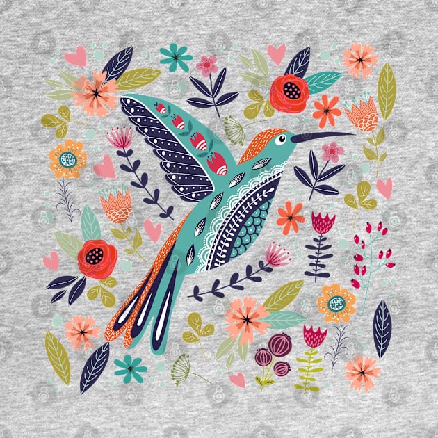 hand drawn bird colorful floral by Mako Design 